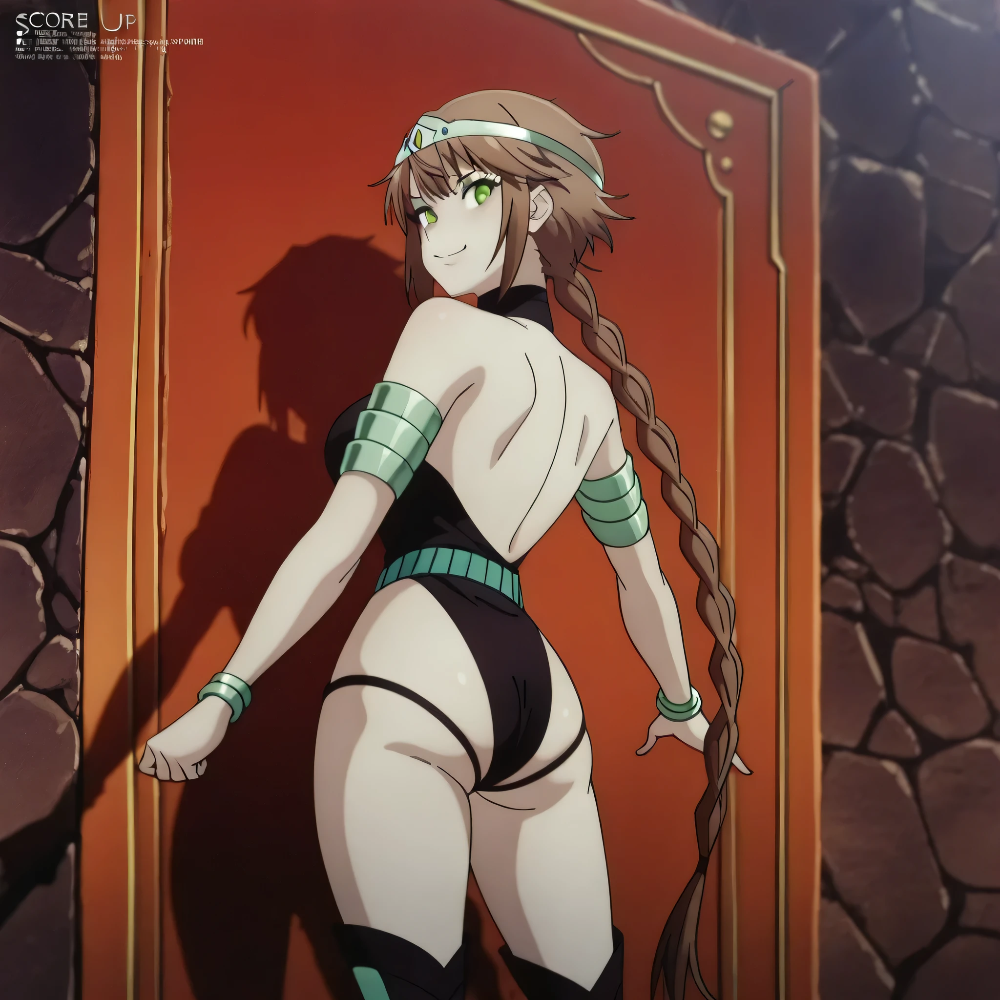 (((Masterpiece))), (((Best Quality))), ((Super Detail)), ultra-High resolution, score_9,score_8_up,score_7_up,score_6_up,score_5_up,score_4_up, BREAK, source_anime, anime screencap, uncensored, rating_explicit, Masterpiece, (best shadow), (absurdres), (detailed background), (very aesthetic), detailed beautiful eyes, outstanding, an exquisite animation illustration, curvy, highres, dark persona, horizontal pupils, black leotard, clothing cutout, circlet, halterneck, armlet, bracelet, belt, high heel boots, knee boots, (((solo, 1girl))), hair ornament, submissive pose, pose, anime style, anime coloring, animification, megami magazine, large , brown hair, long hair, braid, green eyes, smile, upper body, , looking from back, view from back, from back, , standing