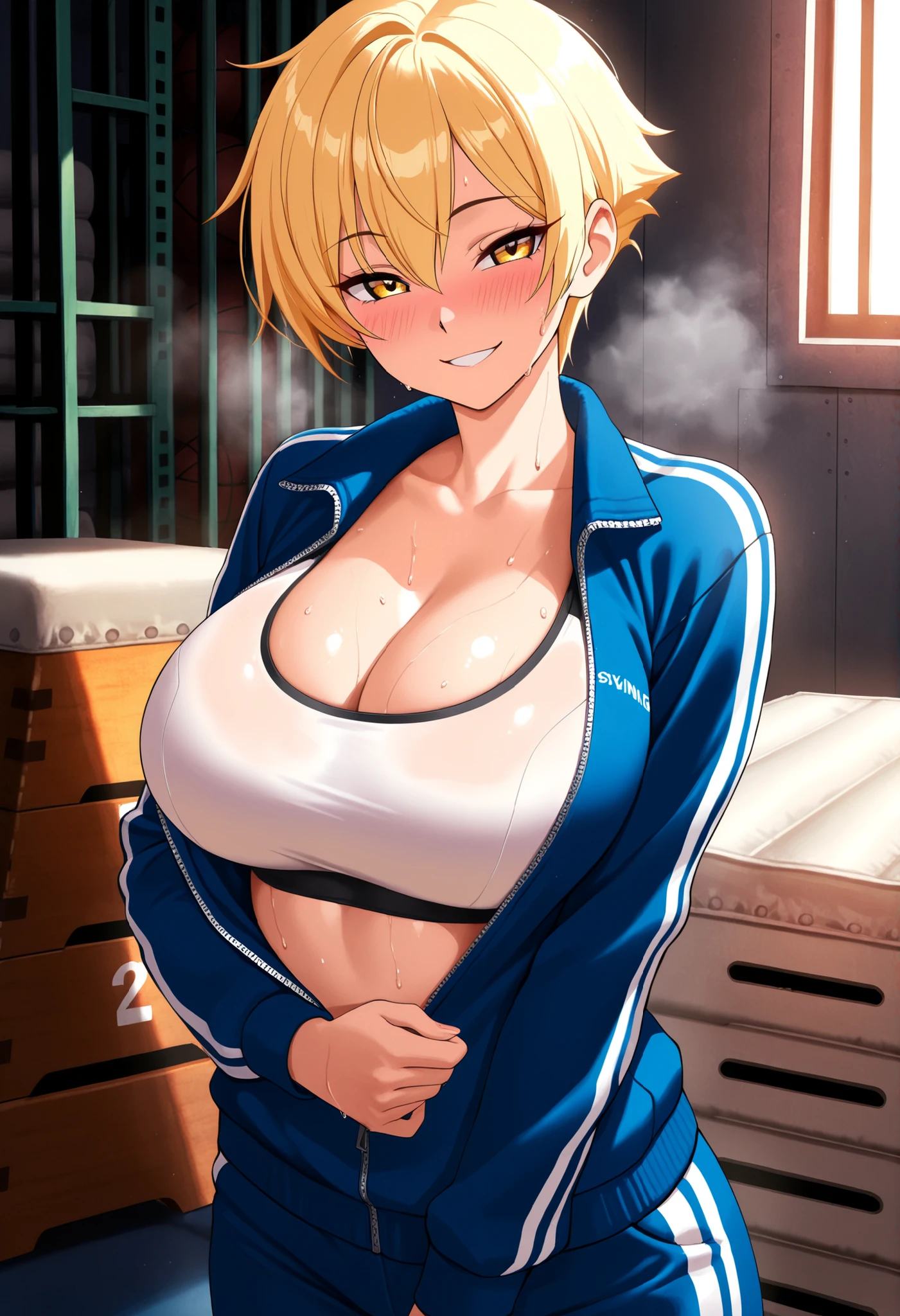score_9, score_8_up, score_7_up, score_6_up, score_5_up, score_4_up, (source_anime), 1girl, huge breasts, looking at viewer, smile, fang, black clothes, short hair, shirt, midriff, yoga pants, thong, blonde hair, gloves, hat, cleavage, hair between eyes, collarbone, black gloves, orange eyes, grin, uniform, black shirt, pocket, breast pocket, partially unbuttoned, indoors, military, military base, upper body, purple theme, dark skin, sitting on table, legs crossed