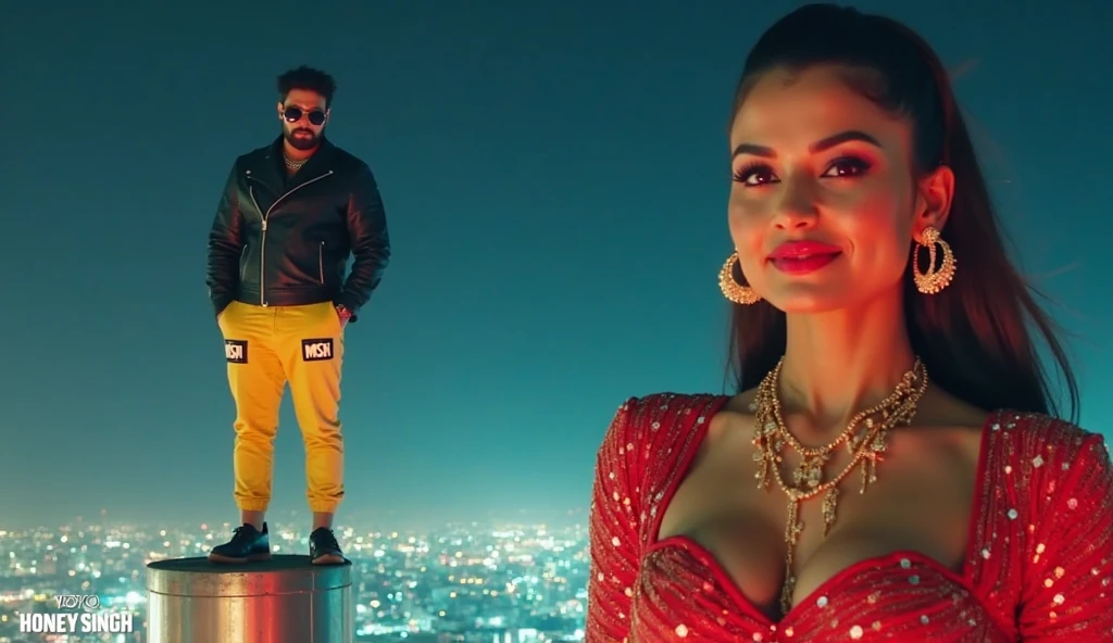 Yo yo honey Singh pose With Sonakshi Sinha for song poster Aeroplane in background with cinematic look