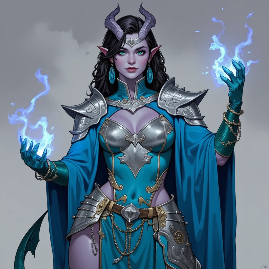 roshni swathi, score_8_up, score_7_up, cowboy shot of beautiful goblin girl, ((green skin)), red eyes, long black hair, (dressed in very hot blue and gold sorceress clothes), wearing black wizard gloves and wizard long boots, particles, dark dungeon, particles, night, fog fantasy, full body art