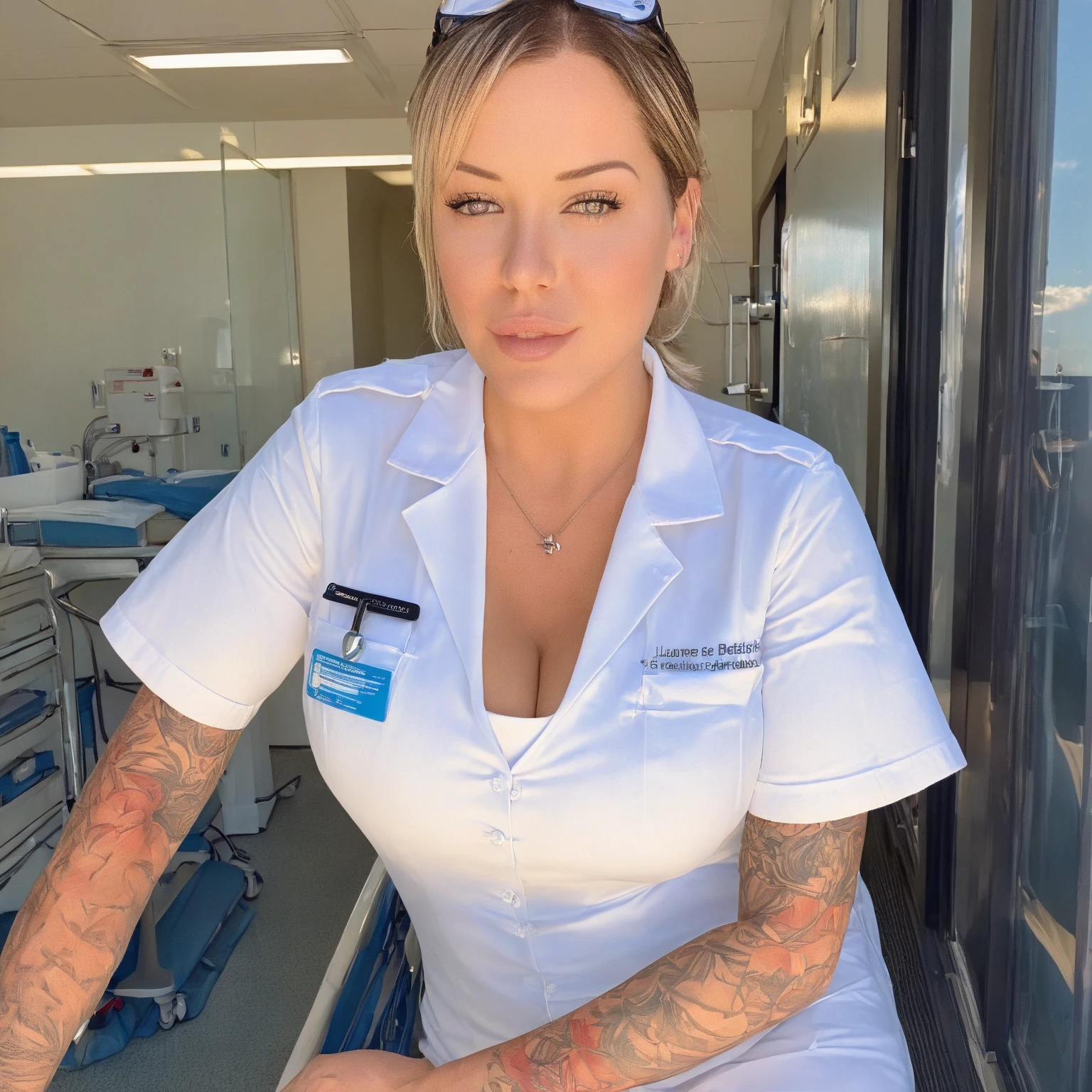 Laurence bedard in a nurse uniform holding a cell phone, wearing a nurse uniform, nurse ambulance lights shine on her face, brave nurse face, surgeon, bodycam, nurse uniform, full body camera shot, in blue uniform, stethascope aroung neck, street footage, sparkling-eyes, perfect-eyes, full-lips, perfect-lips, stunningly-beautiful, high-saturation, 35mm-raw-photo, dynamic-composition, intense-expressions, nurse, doctor paramedic, brave nurse, casualty, doctor, paramedic