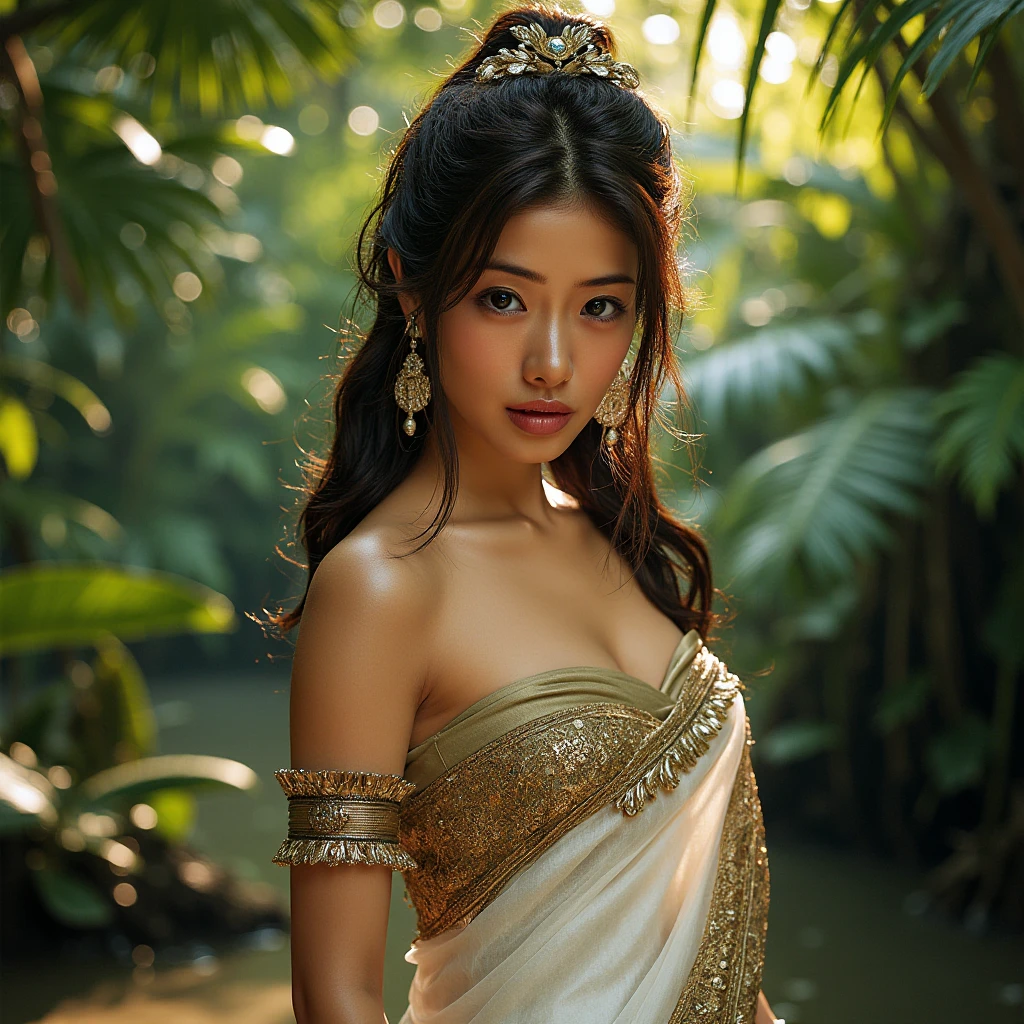 forest, bellydancer, mongolian, hijabi, cleavage, reflection light, chiaroscuro, depth of field, cinematic lighting, ray tracing, Sony FE GM, UHD, super detail, masterpiece, textured skin, high details, best quality, award winning，3D,hdr（HighDynamicRange）,Ray traching,NVIDIA RTX,Hyper-Resolution,Unreal 5,Subsurface scattering、PBR Texture、post-proces、Anisotropy Filtering、depth of fields、maximum definition and sharpness、Many-Layer Textures、Albedo e mapas Speculares、Surface coloring、Accurate simulation octane rendering of light-material interactions、Two-colored light、largeaperture、Low ISO、White balance、the rule of thirds、8K raw data