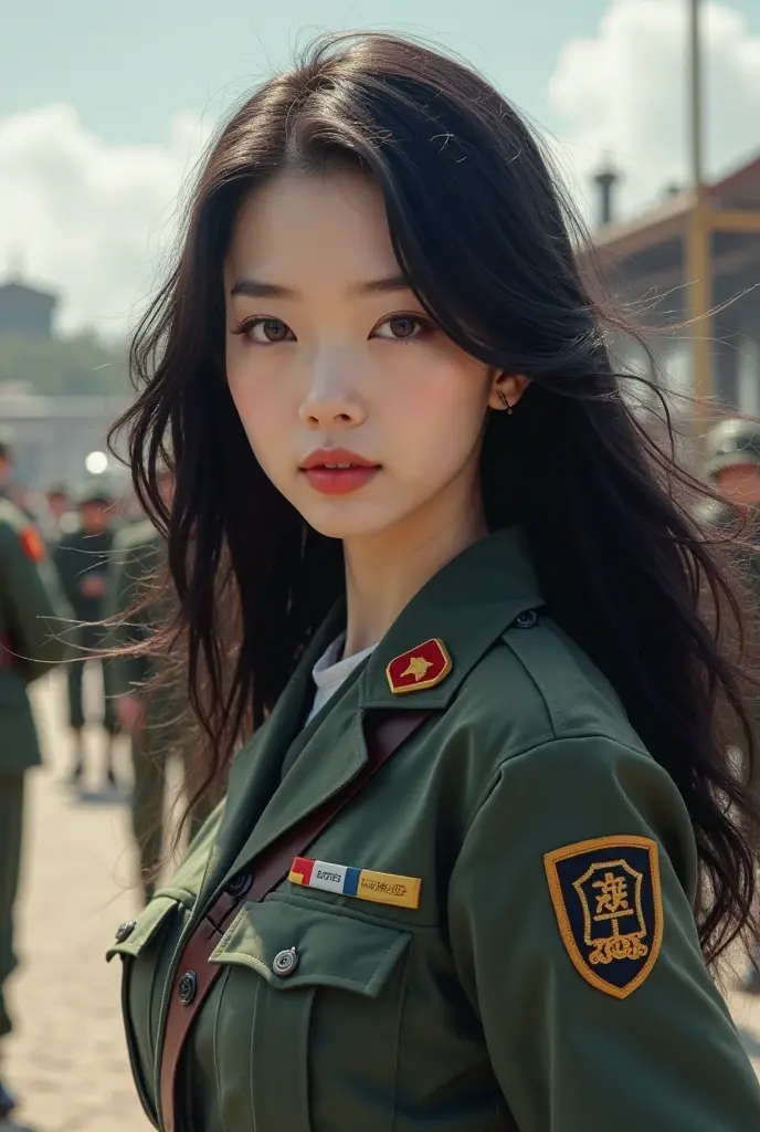 a Asian girl,North Korean soldier with heavy green clothes,here are some nameplate on the clothes,beautiful face,pretty,shining eyes,best quality,high resolution,masterpiece,romantic atmosphere,light and shadow contrast,big ,Roman nose,North Korea National Flag background