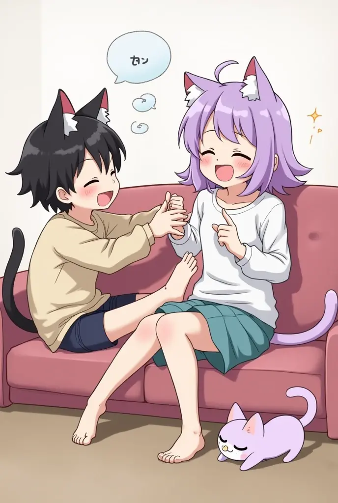 A cat girl with light purple hair and ears in casual clothes resting on a couch javing the soles of her feet tickle by a cat boy with black hair and ears, the girl's expression is laughter