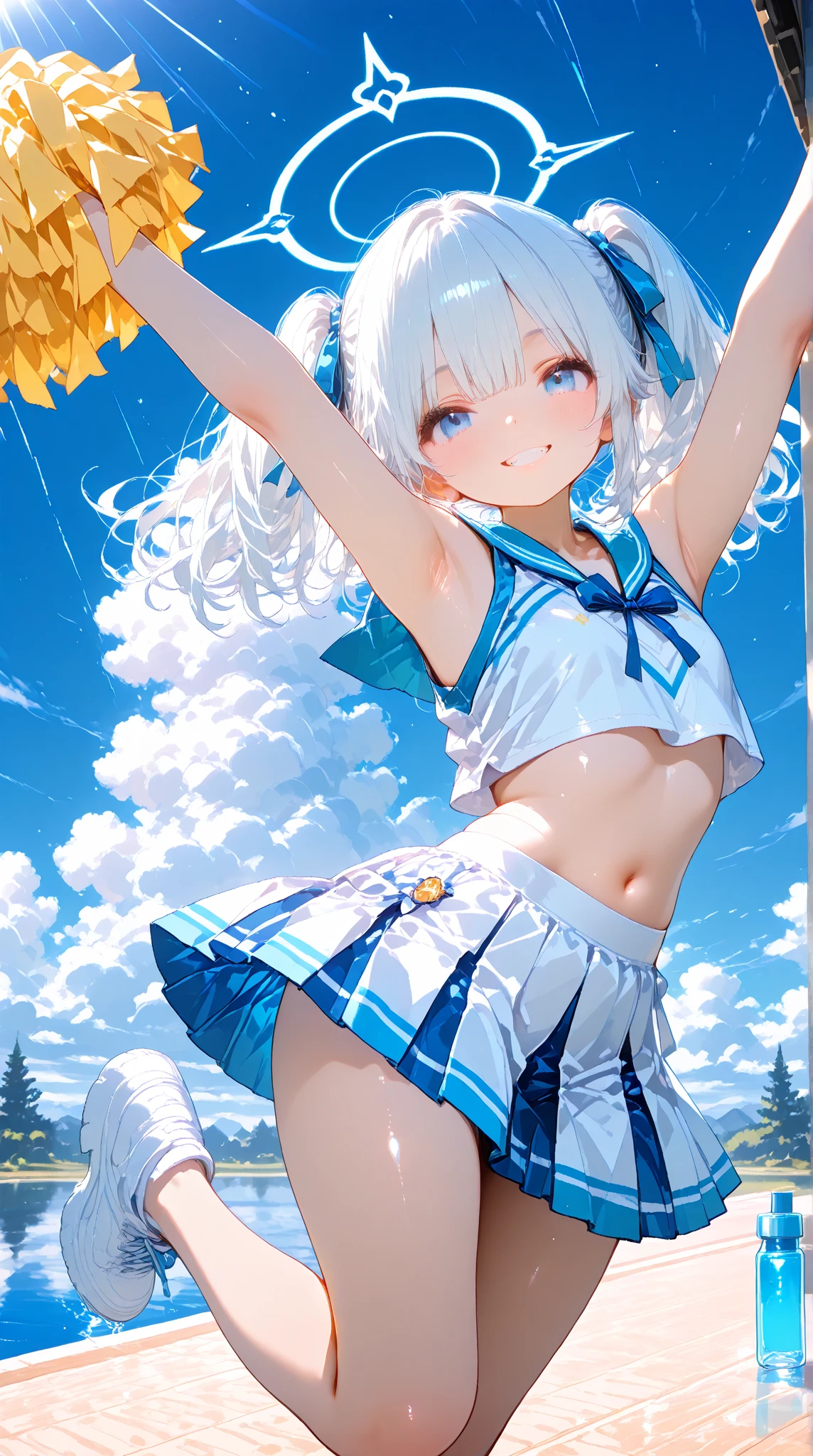 highest quality、High resolution、Detailed Background、(Beautiful face in every detail:1.4)、Anatomically correct、cute teenage girl、Twin tails、Bobcut、ponytail、(Huge breasts:1.2)、Perfect body line、Big Ass、Vast Sky、
(A Cheerleader jumping into the sky with a smile:1.5)、
Jumping and flying in the sky、Cheerleader、I support you、(Pom-pom:1.2)、

The sailor collar, a distinctive feature of the sailor uniform, is also used in cheerleader uniforms.、Cheerleaders&#39; sailor uniform skirts are generally short, like .、Sailor suit tops often have ribbons attached、

White floral embroidered panties、White floral embroidered bra、Emphasize underboob、Underboob is visible、Angle from below、 smile、Healthful、Healthy thighs、Healthy Beauty、With legs apart、Panty Shot、cute