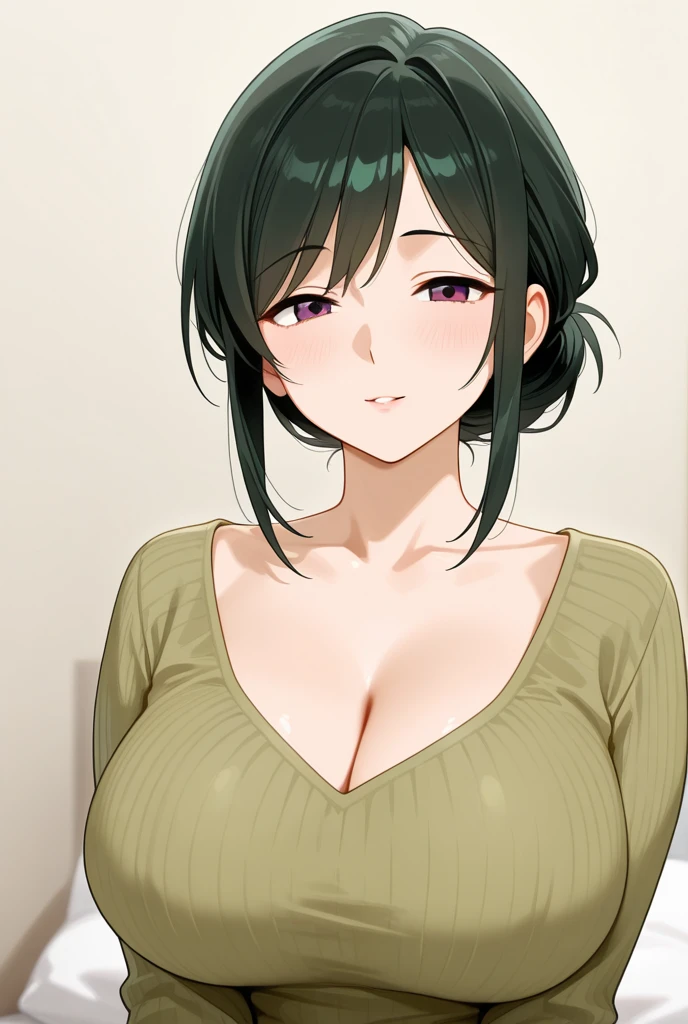 masterpiece, best quality, detailed face, detailed eyes, <lora:HUEmily:0.5>, HUEmily,green hair, short hair, standing, indoors, bedroom, (mature female,), wrinkled skin, large breasts, plump, mole, smile, <lora:style - cutesexyrobutts - 0.85:0.7>