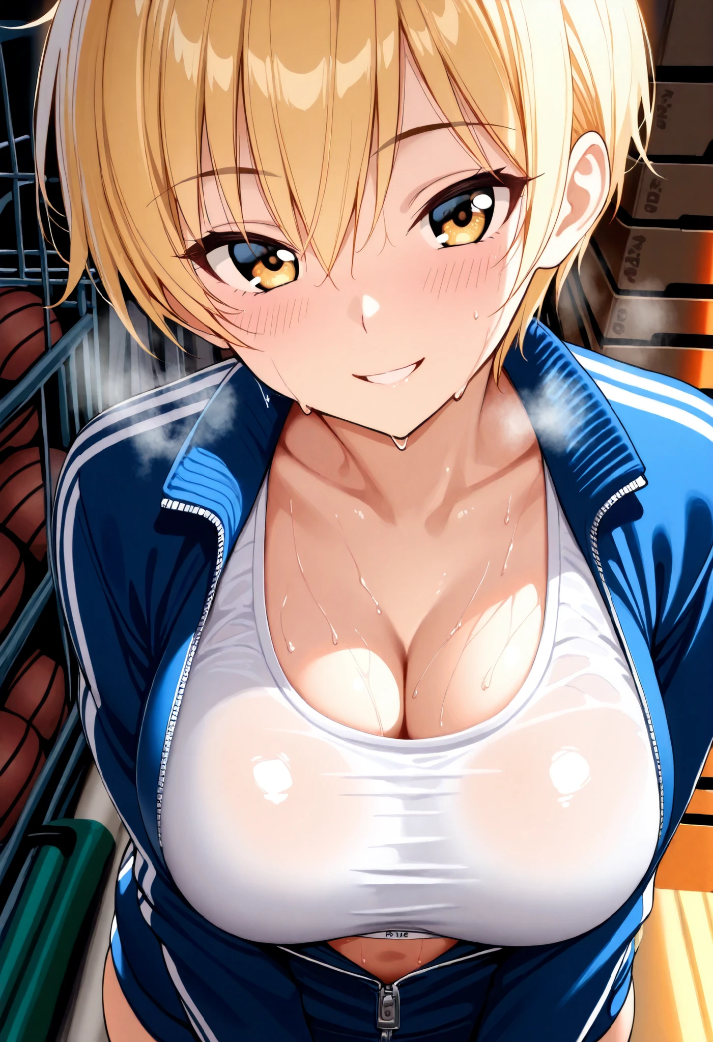 {best quality}, {very aesthetic}, {ultra-detailed}, {best illustration}, nsfw, Realistic, masterpiece, highest quality, (Fine Eyes), 1 high school girl, Huge breasts, Sweat, night, Outdoor, Vibrant restaurant, Micro bikini in, String-only micro bikini, Grin, Wet Face, Wet body, ponytail, Earrings, White apron, Puff short sleeves, Small tray, Central opening, 、Camel Toe, Giant tit, Nipple Puffs, Cleavage, Plump, Super big breasts, Super big butt