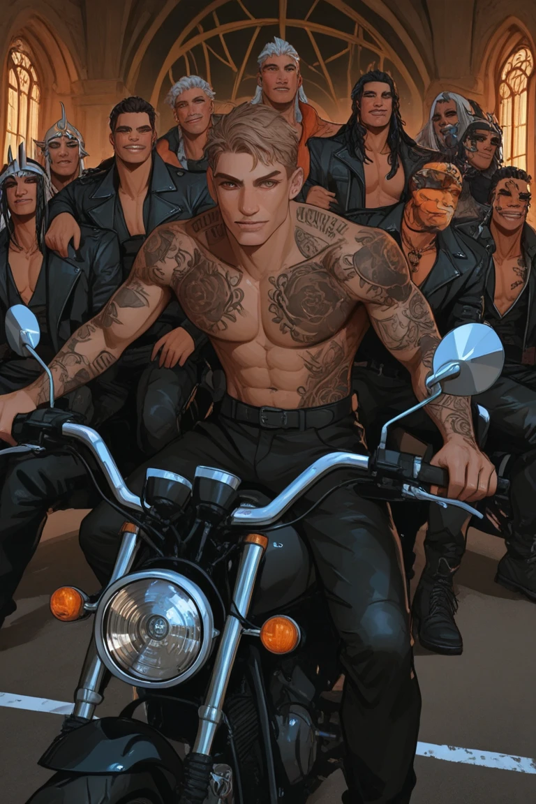 <lora:TomFin:0.7> t0f, colored pencil drawing of a man, <lora:Sam SDV:0.8> sam sdv, blonde spiked hair, on stage, leather pants