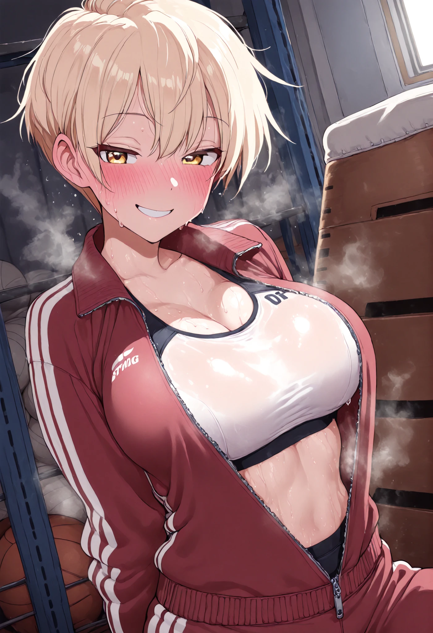 masterpiece, Best Quality, Very detailed, anime style , 1girl,Blonde, Boyish , tall, golden eyes, smiling, (sweating),,, Shyness, blushing, unzipped tracksuit, tracksuit half-unzipped, (big breasts), sports underwear, ((steam rising from the whole body)), in the gym storeroom,