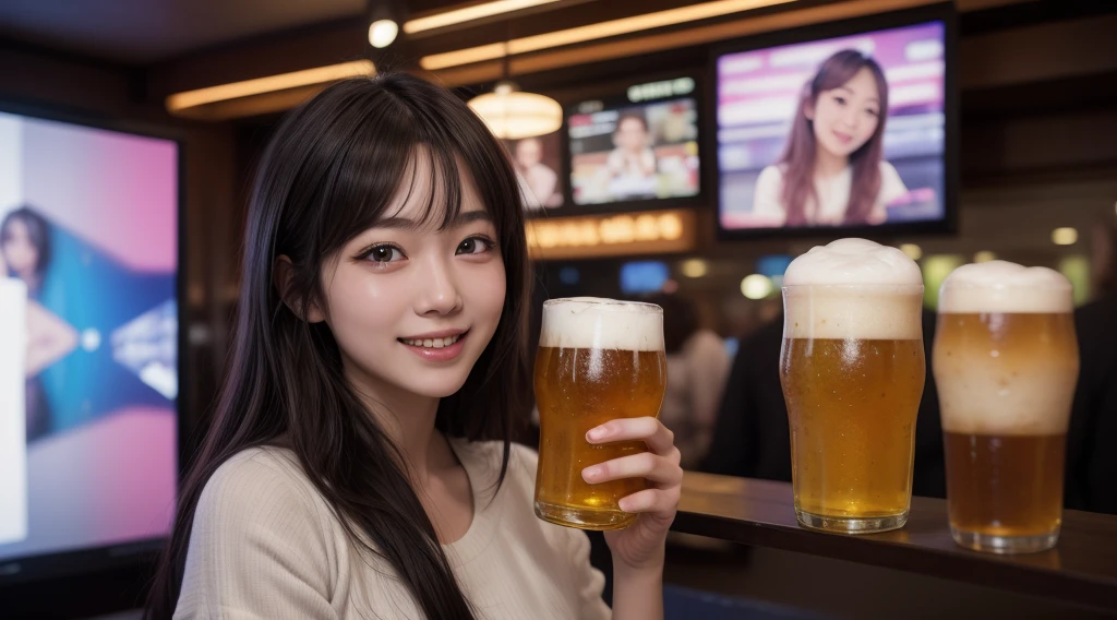 (Top Quality, Masterpiece, Ultra High Definition, Photorealistic:1.4), Raw Photo, 1girl, pretty, Japanese, (beer girl), (slender, perfect body, abs, Gigantic Breasts), smile, bangs, holding beer, beer server, stadium,