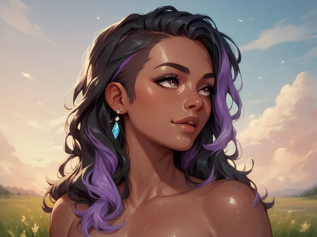 1 girl, Sombra from overwatch, (dark skin female:1.3), ?????, ??????????????, sweating a lot, black eyes, upper body, shy, looking away, presenting flowers to the viewer
