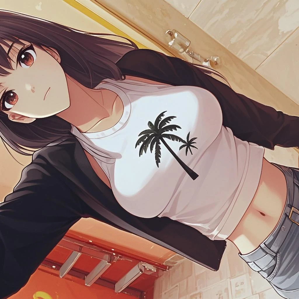 a beautiful young woman with black hair in a ponytail tied with a turquoise ribbon, wearing a white shirt with a green camisole on top, denim half pants, holding a pistol in her hand, summer clouds, sea, blue sky, rainbow-colored light, shiny hair, glowing hair, sunbeam, multicolored eyes, rainbow reflection,  highly detailed, photorealistic, 8k, masterpiece, intricate details, realistic, cinematic lighting, vibrant colors, dynamic composition