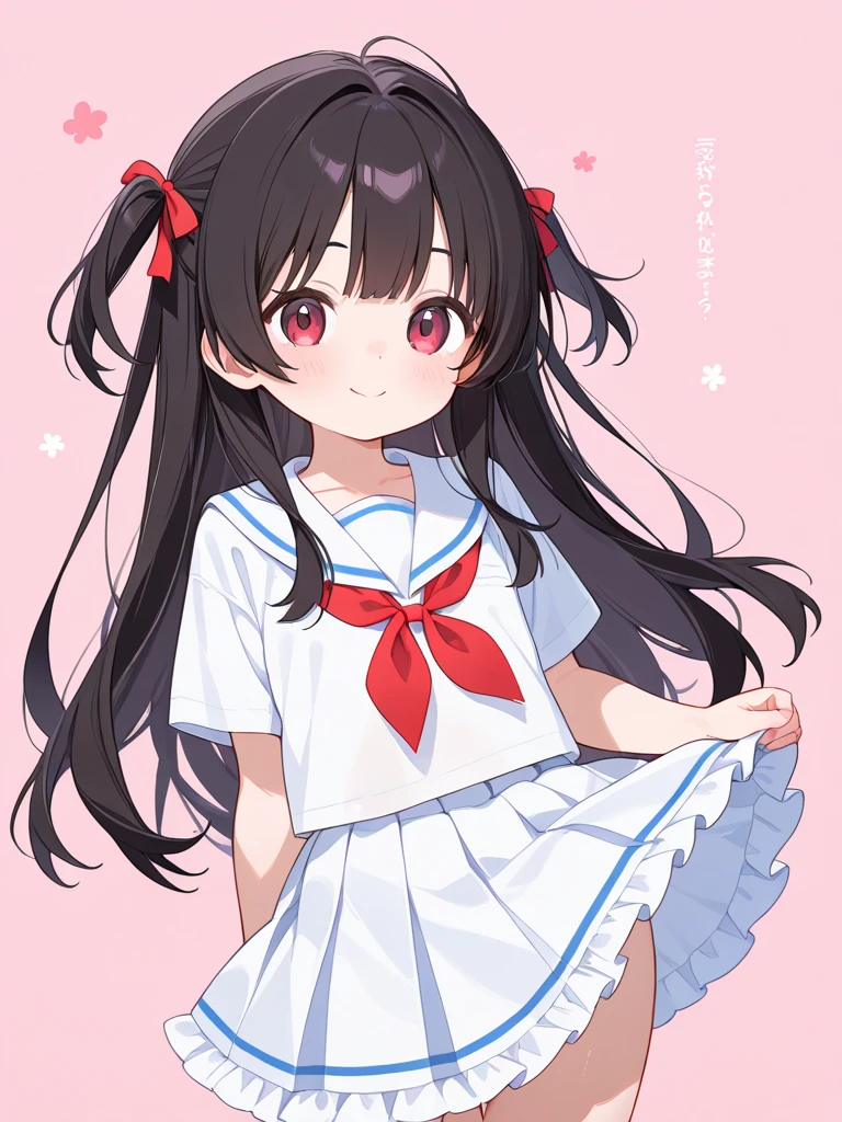 A girl,,Black Hair,Double tail,Small skirt,cute,masterpiece,happy