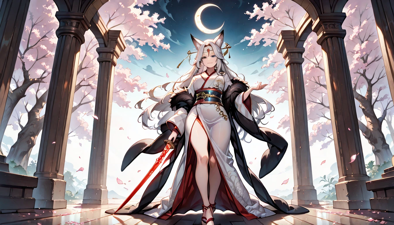The character Inuyasha from the anime Inuyasha.
He was female, with ample breasts and hips, with bright yellow eyes, very long white hair, lush fluffy fox tail behind his back.
She sat on the shore of the lake under the moon.
Canonical red kimono with long sleeves and white patterns on them.
Red eye makeup and burgundy lips. There were sharp teeth and claws.
No human ears.