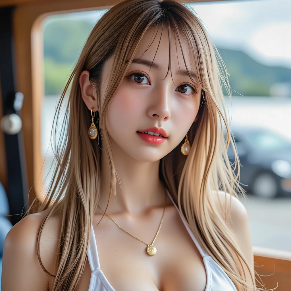 (((very heavy chest))),NSFW, 16k raw photos, highest quality, masterpiece, ultra high resolution, ((highly exposed黒色の下着姿)).movie, 1 girl,((attractive expression)),eyes shine、 looking at the viewer, 自然な肌の質感very heavy chest))),((( Black ribbon around the neck))).star handle mold、((yellow eyes)),Realistic eye and face details, lip whole, lipstick makeup), Princess cut hair, 美feet, tall woman, ((glowing skin)),((美しいarmpit)), slim_feet, cleavage, beautiful natural places、(detailed background,highly exposed, huge breasts, JK ribbon at the neck, bracelet, water, bangs, split your lips、armpit、beautiful hip line、glowing skin、(((eyes shine brightly))),lotion skin、High leg、((blonde、blonde)),highly exposed、beautiful sea background、wind effect、Posing on a luxury cruise ship、bangs、Braiding hair、beautiful hair ornament、