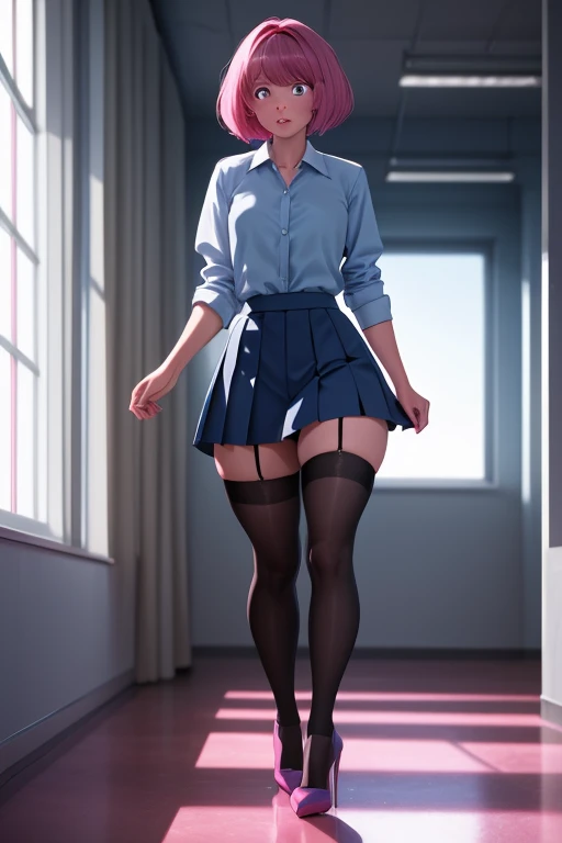 (masterpiece, best quality:1.2), 1girl, standing, long ash brown hair, without black sleeveless short vest,black skirt,black leggings, skirt lift