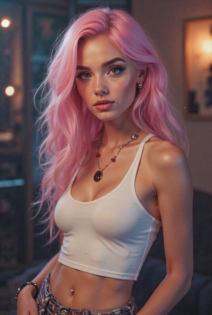 a teenage girl of under-average height with long pink hair which she mostly keeps in two pony tails on each side of her head. Her hair also has two thin, long bangs at the sides, two thin strands of hair over the left side of her forehead, and a spiky larger portion of hair covering the right side of her forehead. She has fierce orange eyes and furrowed eyebrows. She also as a visible pointed tooth that appears at times in the right side of her mouth. Her physique is slender, she has bikini model sized breasts. she wears a white jacket with the zipper positioned below her breasts and underneath a black tank top, and a green miniskirt.