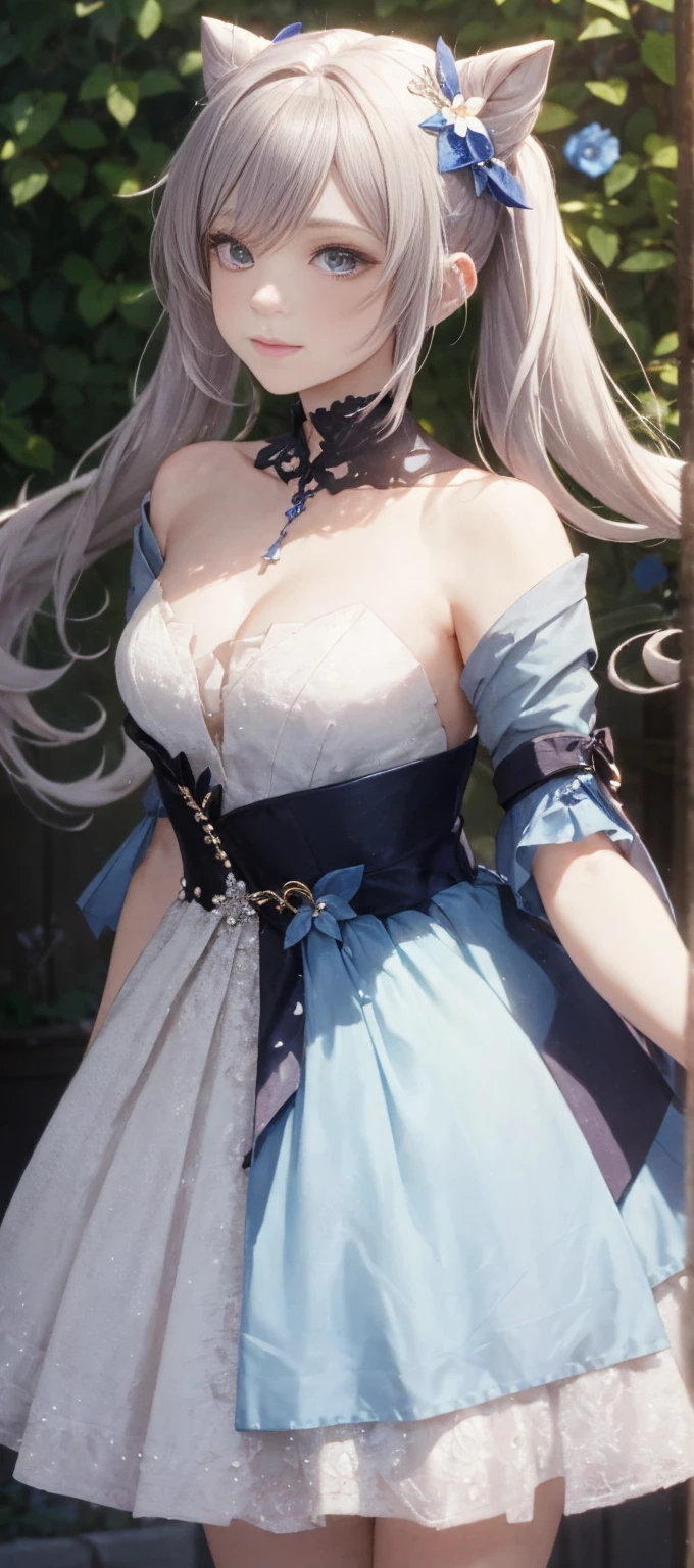 Portrait of beautiful girl looking at viewer, pale skin, long white hair, heterochromia, loving expression, elf ears, off-shoulder flowing blue clothes, slender, parted bangs, stone buildings in background, see through, wet clothes, blushing,