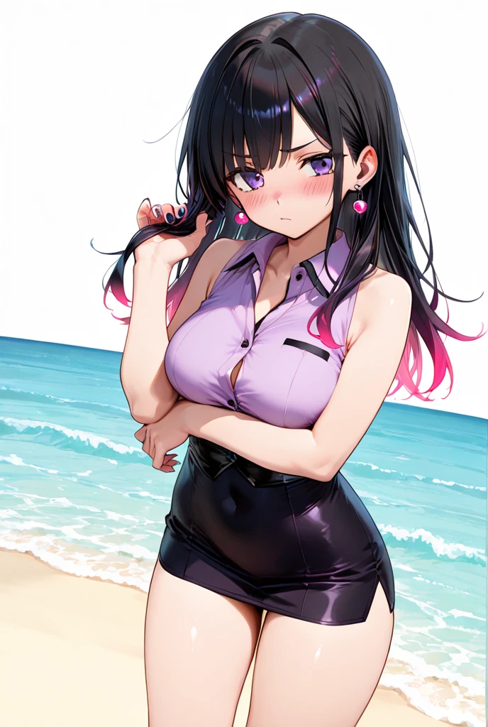(1) One woman stands wearing a purple lace bra and panties。.
(2) she has long black hair.
(3) her face is smiling and laughing.
(4) The location is a convenience store parking lot..