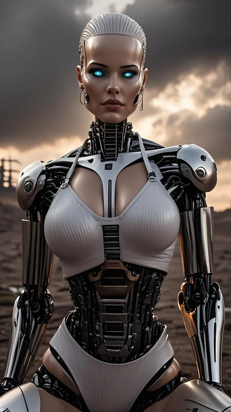 Woman-robot in the big city, high quality, absurdres, masterpiece, beautiful, intricate details, 1/2 body crop, slim body, beautiful figure, magnificent ???????, (intricate details:1.12), HDR, (intricate details, hyper-detailing:1.15), (natural skin textures, hyper realisitc, soft light, Sharp:1.2)