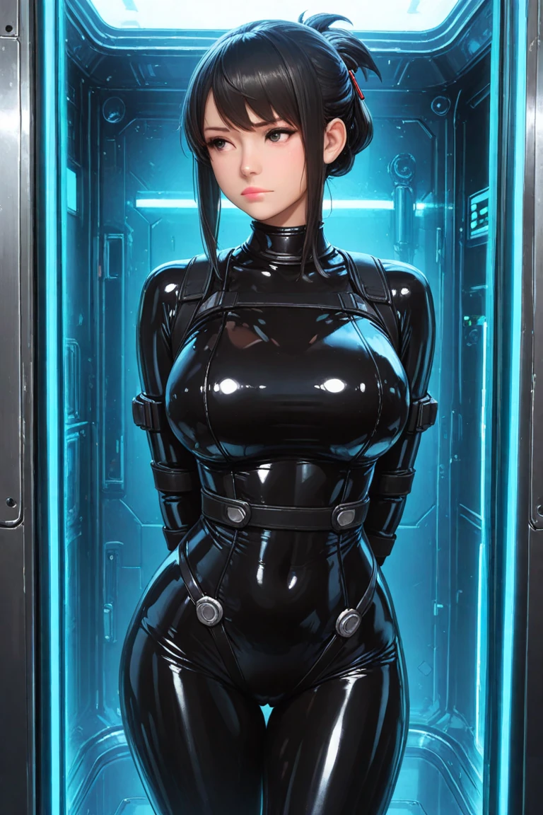1girl, reika_wz, latex, black bodysuite, bodysuit, science fiction, cyberpunk, indoor,, cowboy shot, looking at viewer, standing,arms behind back,nsfw,huge breasts,sweating,cute face,smile,3dmm