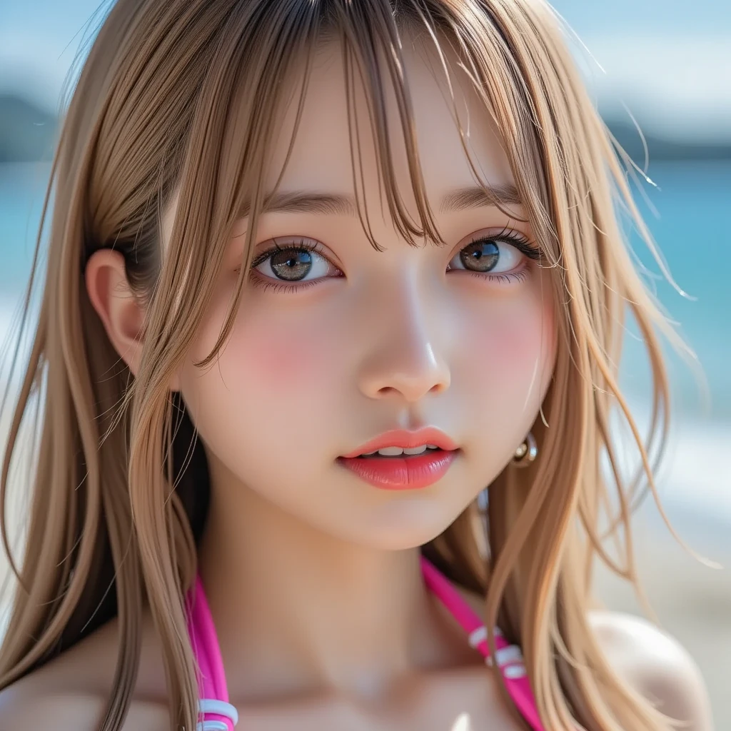 Sexy big 、Sexy cute looks and cute 15 year old beautiful girl, Beautiful and sexy face、A strong wind blows my hair in front of my face、With straight blonde hair、Beautiful, cute and sexy eyes hidden behind long bangs、Tops Bikini、Shorts、1 cut、1shot、