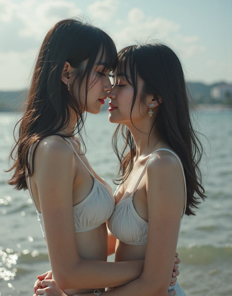 ((2 girls))、((Completely naked))、((Upper body close-up))、((Deep Kiss))、
(Highest quality、8k、32K、masterpiece、Ultra-high resolution:1.2)、(Huge breasts:1.0)、Long black hair、bangs、Japanese Idols、very cute、Ocean、Sandy Beach、Tight waist、A small smile、