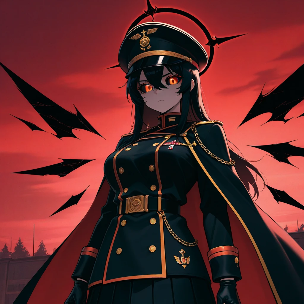 a expressive woman with eyes and long hair, Warhammer universe, anime design, wearing military lord captain garment, with grim dark elements, in a detailed darkened infrastructure backdrop, surrounded by civilians, evil chains