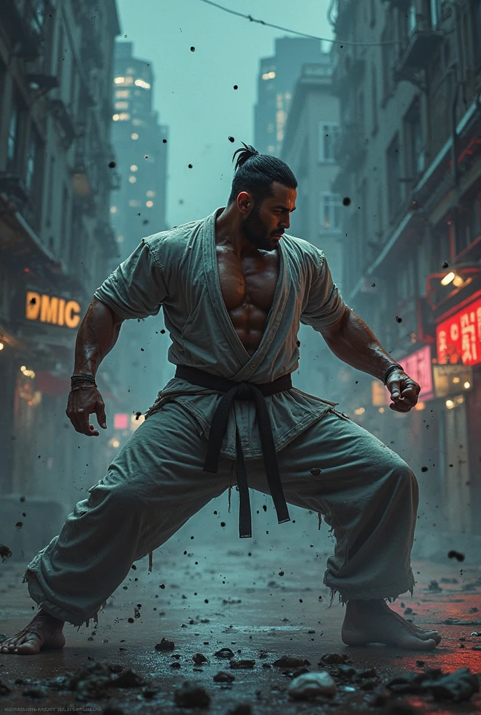Create an image of a Sikh man (Sardaar) training in martial arts. The scene captures his powerful stance mid-training, with strong, defined muscles showing through his traditional martial arts attire. The man is wearing a tightly wrapped turban, but his face is turned away from the viewer, focusing on the action and intensity of his practice rather than his identity. The setting is a traditional, dimly lit dojo with wooden floors, where the light emphasizes the contours of his physique and the movement of his body. The atmosphere is serious and focused, reflecting dedication and strength.

