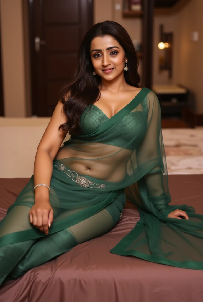 South Indian women, wearing light green colour chiffon transparent shiny skirt and black chiffon shirt