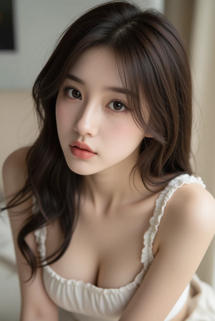 realistic,photorealistic,photo-realistic:1.37,high quality,ultra-detailed,best quality,4k,8k,highres,masterpiece:1.2,studio lighting,extremely detailed girl,beautiful detailed eyes,beautiful detailed lips,extremely detailed face,long eyelashes,porcelain skin,elegant lingerie,sensual,seductive,alluring,japanese girl,big breasts,voluptuous figure,provocative pose,soft lighting,warm tones,chiaroscuro,dramatic