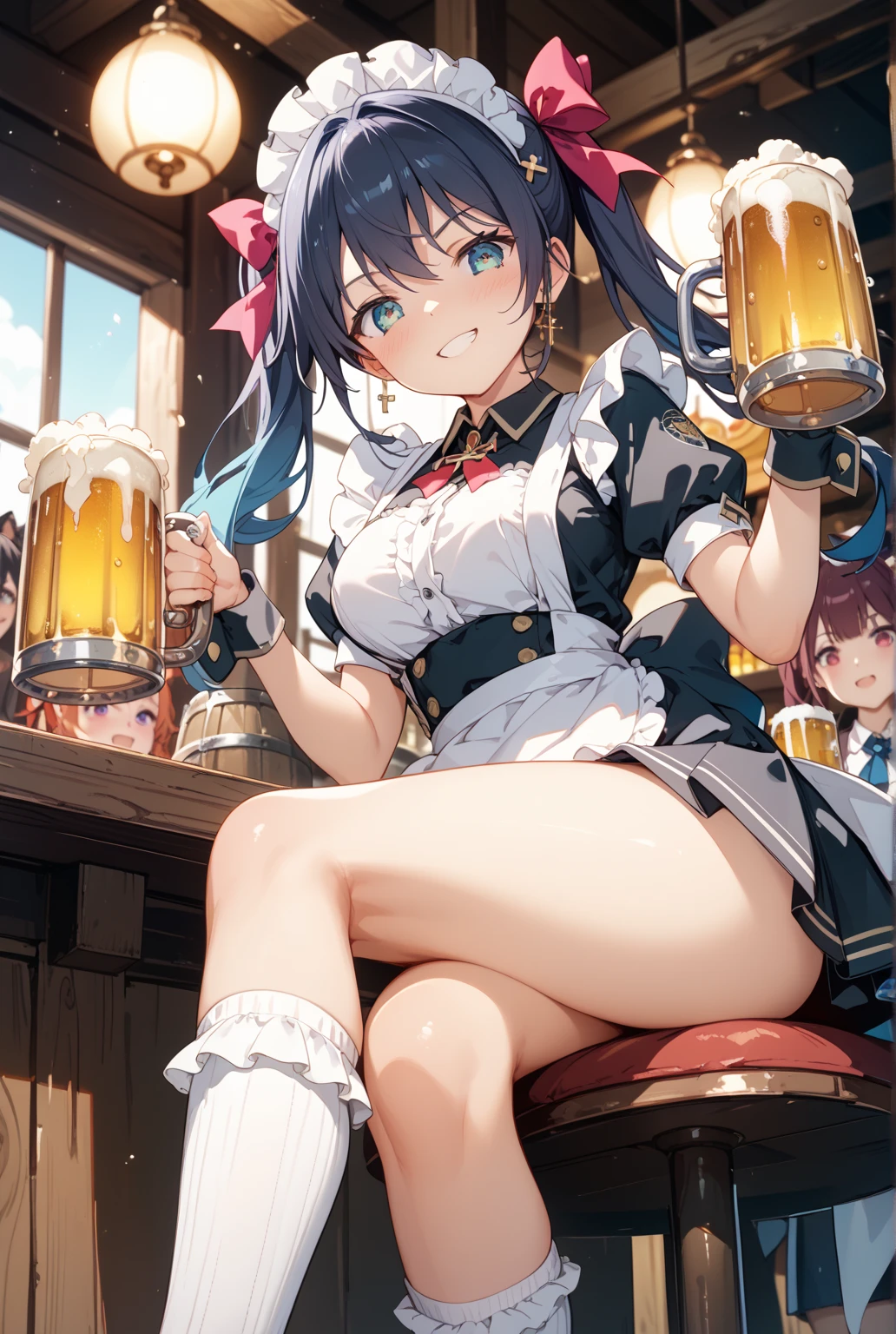 Long black hair, red eyes, sexy, beer maid, beer maiden, beer stein, stein, Oktoberfest, beer festival, tied hair, cute hairstyle, 19 years old, large breasts, triple D cup breasts, round buttocks, bubbly buttocks, wide hips, bubbly ass, serious look, gloss lips, full body shot, beautiful eyes, short beer mad dress, carrying beer stein, barrel of beer, night, sensual, straigh hair cut, clear skin, young 30 years girl, adult girl, solo, red, very long hair,
