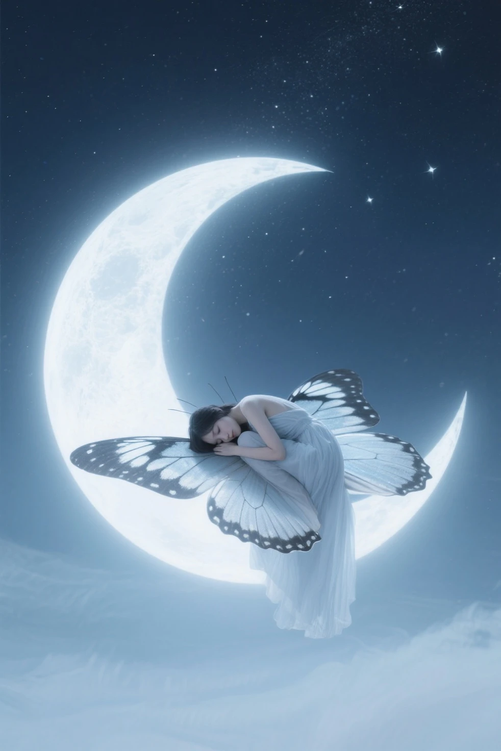 Hay una mujer hermosa acostada en una media luna. En una noche con estrellas fugaces. Magic fairy floating in space, Dream Goddess, high quality fantasy stock photo, Diosa de la Luna, Diosa de la Luna, Sentado en una luna, Diosa celestial, Diosa lunar, en la luna, Ethereal fantasy, Fantasy photography, fantasy photoshoot, elven angel meditating in space, luna