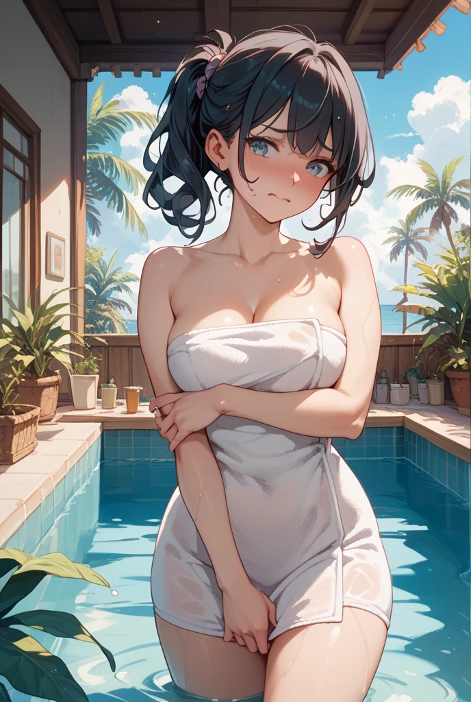 masterpiece, highest quality, (Highly detailed CG Unity 8k wallpaper), (highest quality), (Best illustrations), (Best Shadow), Confused, Realistic lighting, (abyss), Beautiful and delicate shine,Random Pause,((Wet with hot water,Moisturized bare skin,Holding a towel over her chest,Cover with a towel)),Cute freckles on the cheeks,Mole under left eye, Sunburn mark, Japanese Model, Young sensual gravure idol, yasumoto oka, A real young gravure idol, A woman who is shy when the camera is pointed at her,赤くなったSunburn mark,Embarrassing,avert your eyes,Attractive buttocks,Cowboy Shot,Cypress bath,Taking a bath,Steam,Wet hair,Looking back,Beautiful spine,