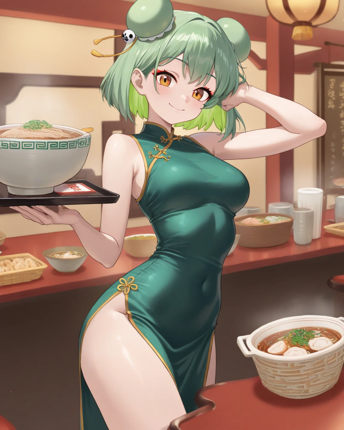 A beautiful oriental woman is holding a pot of food in a Chinese restaurant, one girl, solo, black cheongsam (with golden embroidery), red cheongsam, red dress, looking at the viewer, chest, brown hair, food, holding, red eyes , covered navel, sleeveless, (long single braid), sleeveless dress, black dress, thighs, bare arms, bangs, large breasts, mouth closed, busy BRAKE
Resolution: 8K digital art, anime art wallpaper 8K BRAKE
Quality: Ultra quality, ultra quality and detailed art BRAKE
Image quality: Ultra definition, ultra definition beauty, ultra definition illustration, ultra definition animation, ultra definition short full body portrait, pixiv digital art BRAKE
Style (judged by theme, overall pronto): white anime Barbie, biomechanical, anime moe art style, dress, desktop background, biomechanical big breasts, "Fate/Stay Night", "Fate/Grand Order" BRAKE
Hairstyle and color (determined by theme and overall pronto): Choose one main style from 5 styles (long hair, ponytail, twin tails, bob cut, long braid) and combine all the remaining 4 hairstyles to create an original hairstyle. please. You can choose the main hair color from gold, blue, or green, and add the remaining two colors as a gradation color. 　BRAKE
Colors: green, blue, and gold (added to important elements of the theme), light blue, yellow, silver, crimson (added to other than important elements of the theme) BRAKE
Body type and complexion: voluptuous, smooth, stylish body, cleavage (between breasts), erection of nipple, hanging breasts, armpits, bare shoulders, breasts, caustics, collarbones, huge breasts, sagging breasts, moles, skin depressions, stomach , thighs, moistwith