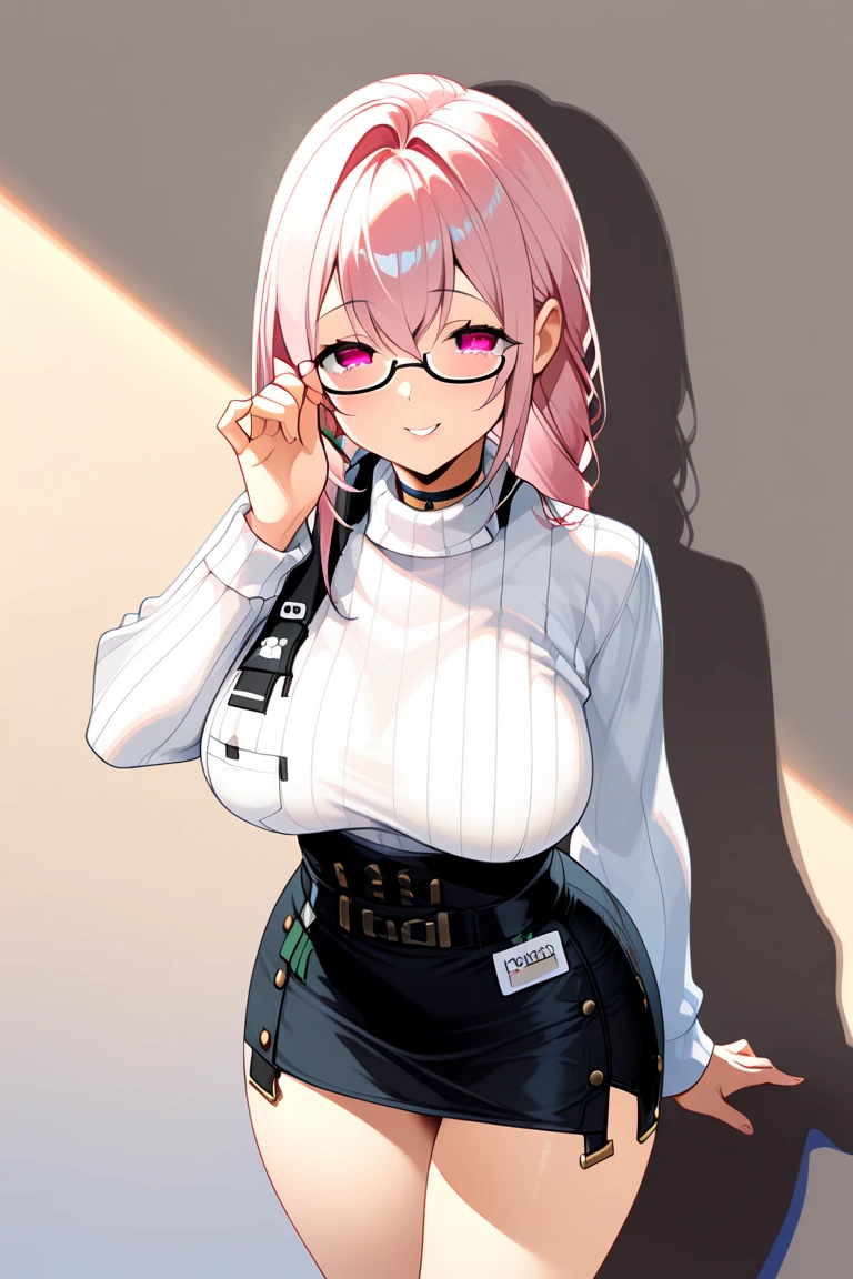 Anime catgirl wearing a sweater and baggy cargo pants , shoulder length pink and black split hair , white glasses, big boobs