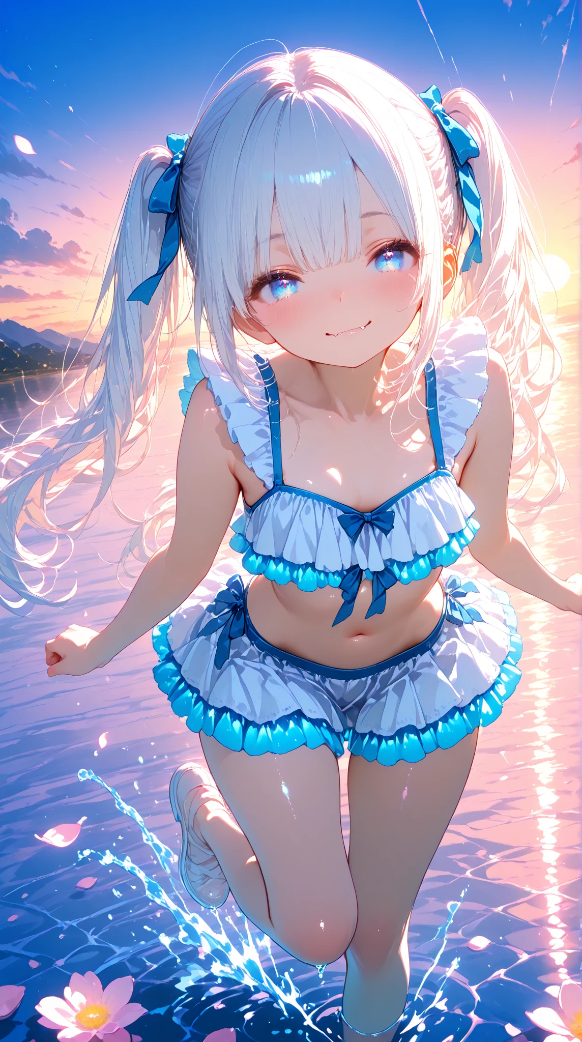 Make a work of art by vtuber gura gawr, wearing a micro bikini, na praia, umbigo de fora, barriga de fora, Raising your arms back, coxas sensuais, seios pequenos.