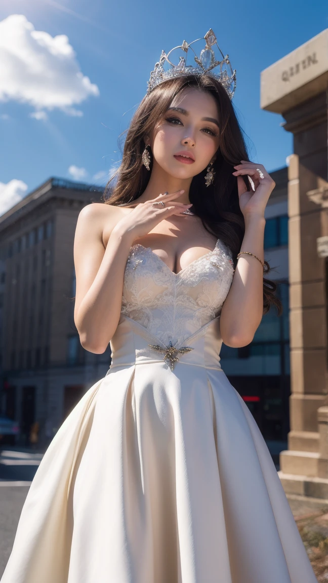 beautiful royal dress with intricate motifs [princess : ([Amina Khalil | Laura Vandervoort | Iman El Deeb]:0.9) :0.1], white royal dress, royal crown, round and firm breasts,
  [ ;   analog photo, film grain: 0.5]