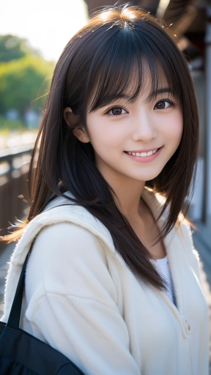 1 Japanese girl,(White sweater:1.4), (RAW Photos, highest quality), (Realistic, Realistic:1.4), Tabletop, Very delicate and beautiful, Very detailed, 8k wallpaper, wonderful, In detail, Very detailedなCG Unity, High resolution, Soft Light, Beautiful details 19 years old, Very detailedな目と顔, Beautiful and sophisticated nose, Beautiful details,Cinema Lighting,Perfect Anatomy,Slender body,smile (Asymmetrical bangs,)