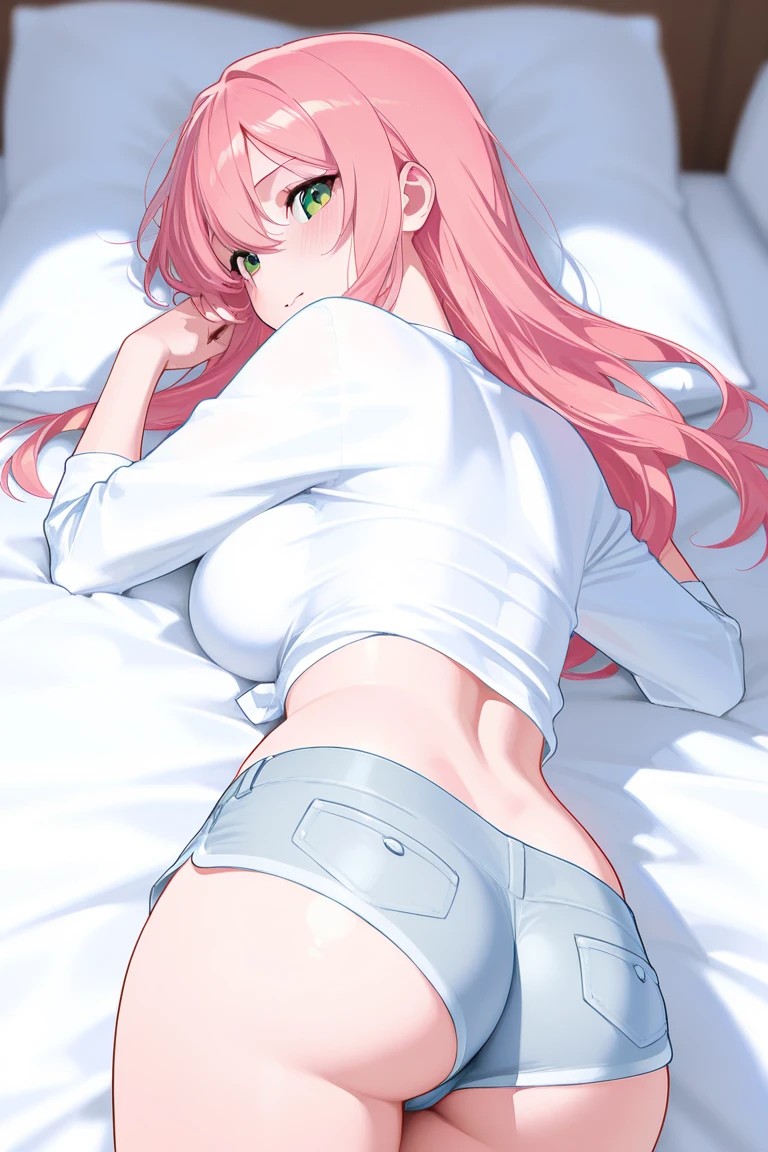(looking at the viewer: 1.1), Smiles, alone, thin, nino nakano, (blue eyes: 1.1), ((butterfly hair ornament)), (hair ornament), (headband), pink hair, blunt bangs, (long hair), (big breasts: 1.1), 1 girl, alone, pillow hug, object hug, blush, sleep, eyes closed, (pajamas), pants, ass, indoors,bed,pillow,sheet,in bed,lying,side,from above,