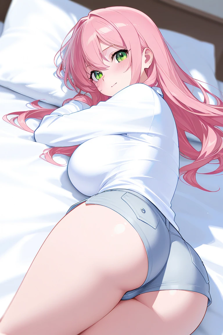 masterpiece, Highest quality, High resolution, Pink Hair、Cat ears girl、Long sleeve shirt、purple sleeveless vest、Green Hot Pants、Big Breasts、Big Ass、Narrow waist、White and green striped knee socks、sneakers、Lie on the bed、Naughty smile、Grinning mouth、Sweaty、Transparent nipples、Open your arms and invite me、