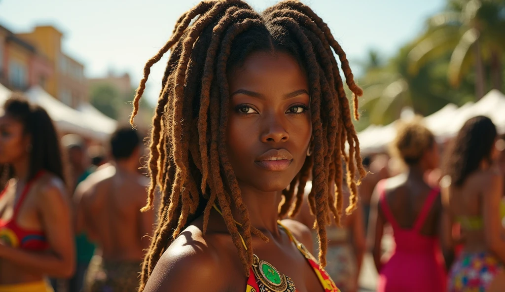 (8K UHD、RAW Photography、Photorealsitic:1.5、Digital SLR、Lifelike images)、(Portrait of seductive and beautiful 24 year old Ghanaian woman、Black dreadlocks、the golden ratio、Facing the front of the camera、A seductive smile、bewitching)、(Lustrous beautiful black-brown skin、Very delicate skin、Skin details、Richly bulging chest)、(African national costume)、(upper body closeup)、(blue-sky、large grassland)