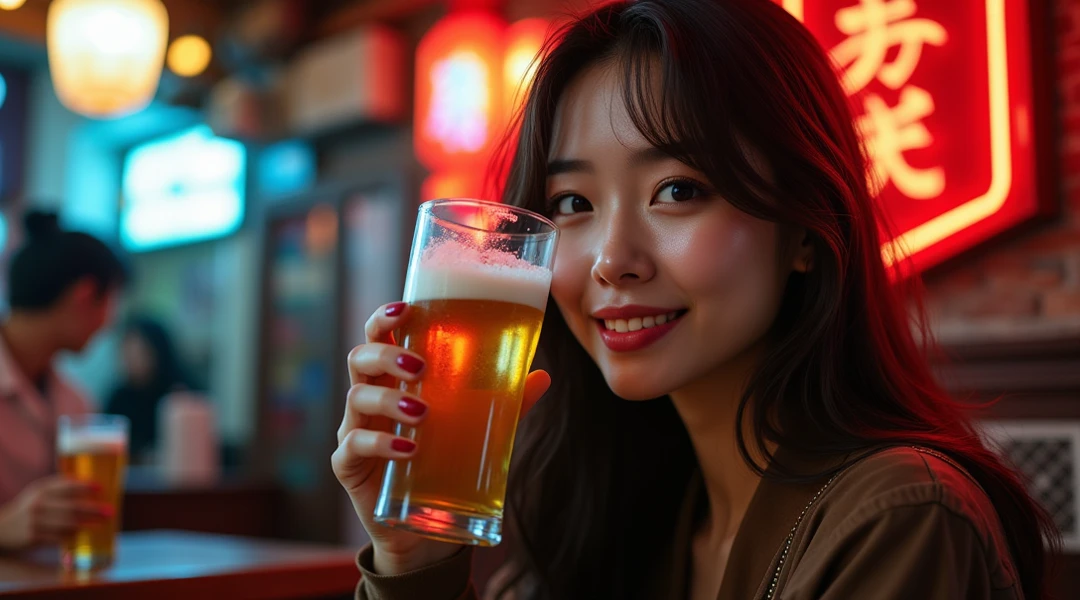 (top-quality,masterpiece:1.3,超A high resolution,),(Ultra-detail,Caustics),(Photorealsitic:1.4,RAW shooting,)Ultra-realistic capture,A highly detailed,High resolution 16K human skin closeup、 Skin texture is natural、、The skin looks healthy with an even tone、 Use natural light and color,1 girl,japanes,22year old,kawaii,Black Hair、longhair,,smil,,(depth of fields、chromatic abberation、、Wide range of lighting、Natural Shading、)、Holding a draft beer in one hand