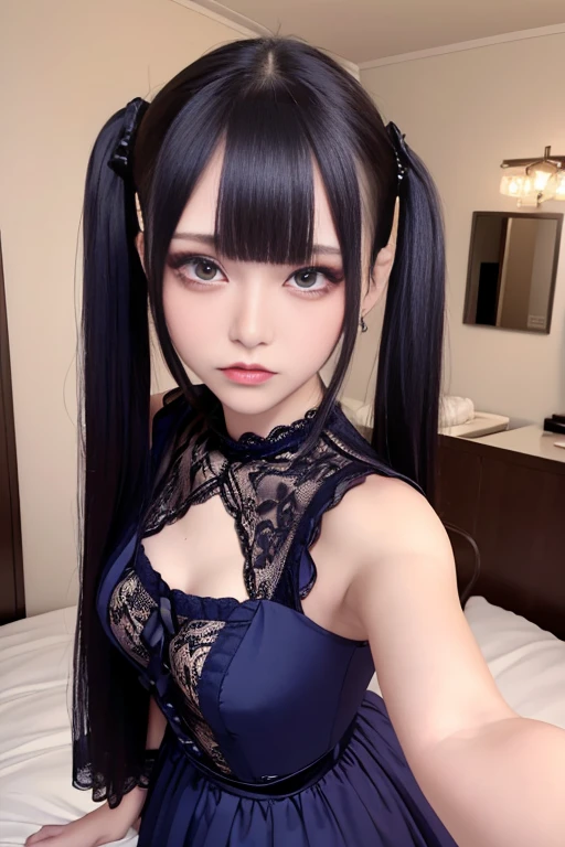 masterpiece, best quality, a cute girl smiling sitting on a bed with a black dress, with black pigtails, black hime cut hair, ulzzang, anime girl wearing a black dress, long black hair with bangs, cruel korean goth girl, with long hair and piercing eyes, she has black hair with bangs, white hime cut hairstyle, 1 7 - year - old anime goth girl, pale porcelain white skin, ultrarealistic, cute digital painting, cute digital art, realistic cute girl painting, cute detailed digital art, cute cartoon characters, beautiful character painting, cute characters, cute anime girl, cute cartoon, kawaii realistic portrait, digital cartoon painting art, cartoon cute, cute portrait, render a cute 3D anime girl, kawaii realistic portrait, anime moe art style, drawn in an anime artist studio