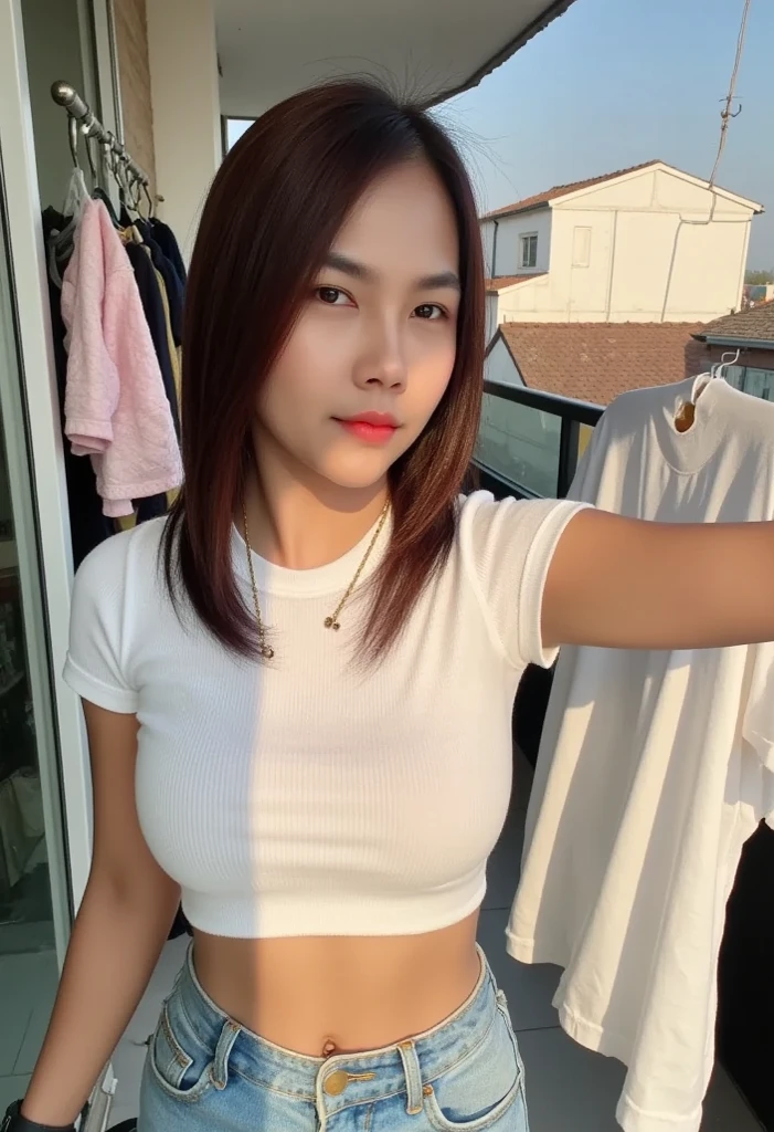 1girl, (uniform), standing, outdoors, night view, detailed Metropolitan city at the background, (above head shot: 1.4), detailed face, detailed eyes, brunette, big breasts, smooth realistic skin, semi-curvy body, white tanktop, thin hot pants, looking at the audience, (8k, RAW photo, best quality, masterpiece: 1.2), (realistic, realistic: 1.37), ultra-high resolution