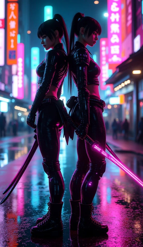 2 women, 1 woman Neon Vixen * Appearance: All-pink attire, straight, shoulder legnth, pink hair, big breasts, sleek and sophisticated appearance. * Character: Confident, ambitious, and a skilled businesswoman. * Abilities: Enhanced strength and agility. Can emit neon energy blasts. 1 woman The Quantum Queen * Appearance: Iridescent hair that changes color, futuristic bodysuit, holographic mask. * Character: Mysterious, enigmatic, and incredibly powerful. * Abilities: Can manipulate quantum energy, control elements, and manipulate time. Neon vixen Knicks the quantum queen to the ground