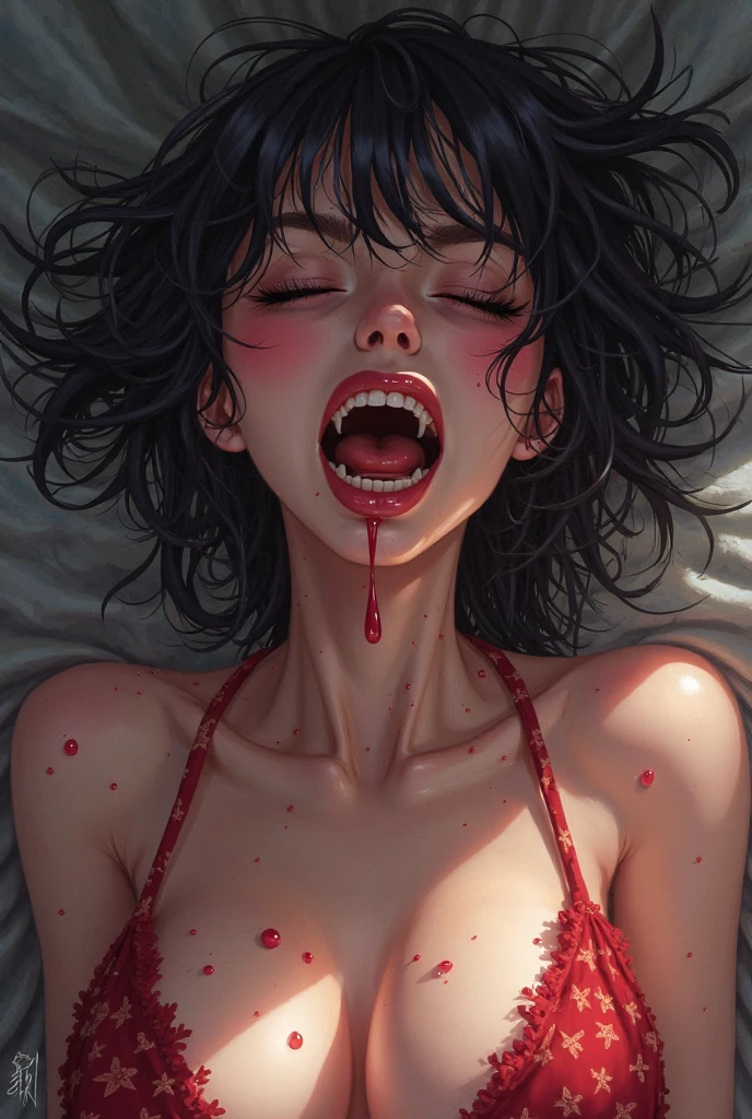 Short black hair, red eyes, blood red lips, white teeth, fangs, open mouth, high-level photography, laughing