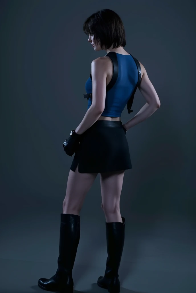 Photo realistic beautiful girl with orange hair in two pony tails in Harley Quinn meets Tomb Raider style, posing in white see-through dress with black military boots, full frontal view