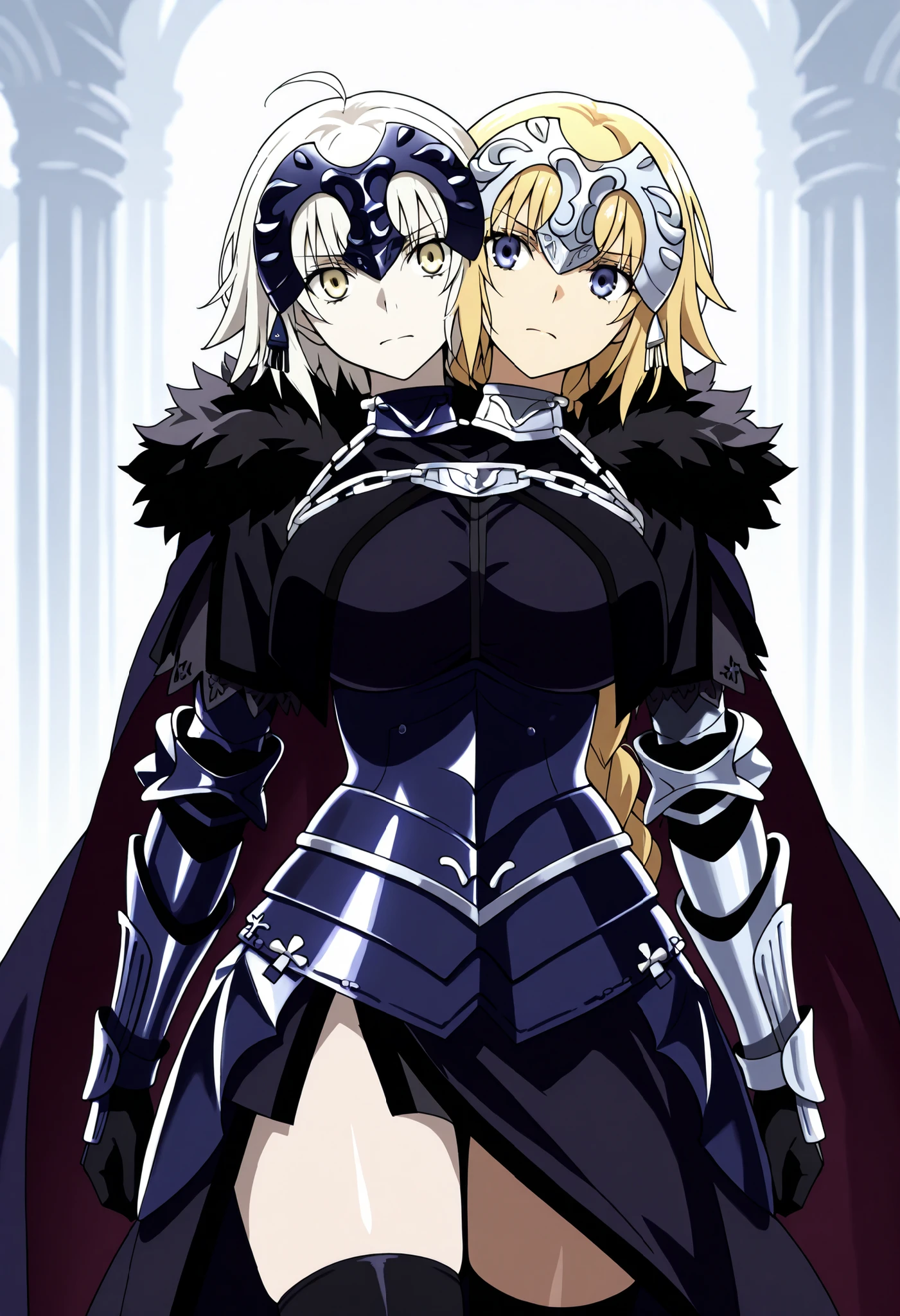 conjoined, 2girls, 2heads, two heads, a tall thin girls with 2 heads, jalter, white hair, yellow eyes, ahoge, short hair, jeanne d arc, blonde hair, blue eyes, long hair, large breasts, armor, armored boots, armored dress, black gloves, black thighhighs, braid, dress, gauntlets, gloves, headpiece, blue and black dress, short dress, fur trim, fur-trimmed cape, single braid, thighhighs,upper body, front shots