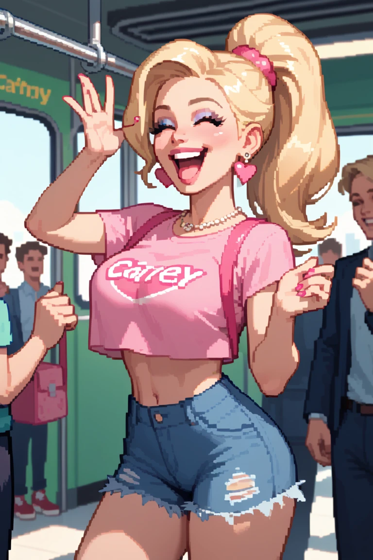 becky, 1girl, blonde hair, solo, breasts, cleavage, serafuku, school_uniform, black shirt, white skirt, earrings, makeup, hair bow, necklace, socks, sneakers, medium breasts, smile, lipstick, looking at viewer, score_9, score_8_up, score_7_up, score_6_up, sitting in bus,